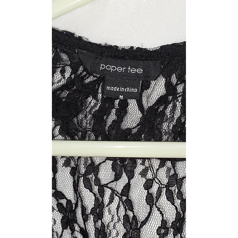 Paper Tee Black Floral Lace Ruffle Vest Sheer Open Front Cap Sleeve Medium - Picture 8 of 8
